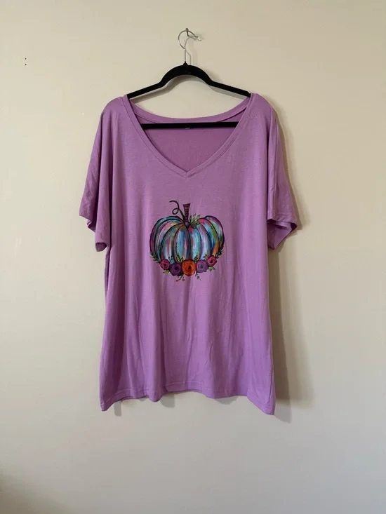 Women’s Lavender V-Neck Tee with Colorful Pumpkin Graphic - Picture 1 of 3